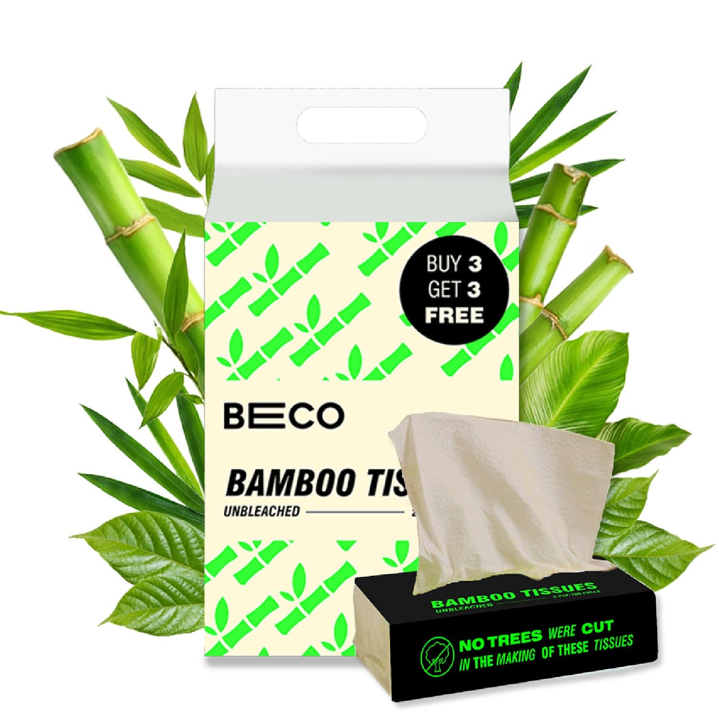 Beco Bamboo Soft Facial Tissues (Pack of 6) | 100% Natural, 2-Ply, Eco-Friendly | 600 Pulls Total