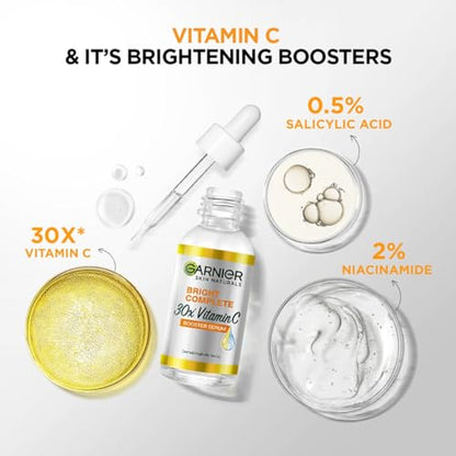 Garnier Bright Complete 30X Vitamin C Serum - Instant Glow, Reduces Dark Spots, 2% Niacinamide, 0.5% Salicylic Acid