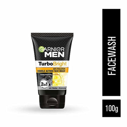 Garnier Men Turbo Bright Charcoal & Vitamin C Face Wash - Deep Clean, Anti-Pollution, All Skin Types