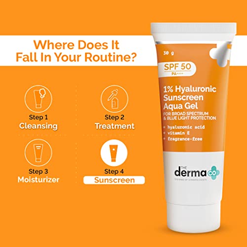 Derma Co 1% Hyaluronic Sunscreen SPF 50: Lightweight, No White Cast, Broad Spectrum & Blue Light Protection