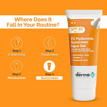 Derma Co 1% Hyaluronic Sunscreen SPF 50: Lightweight, No White Cast, Broad Spectrum & Blue Light Protection