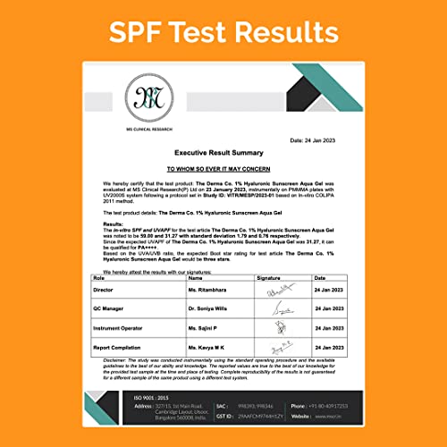 Derma Co 1% Hyaluronic Sunscreen SPF 50: Lightweight, No White Cast, Broad Spectrum & Blue Light Protection