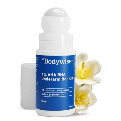 Be Bodywise 4% AHA BHA Underarm Roll-On | Odor Control & Pigmentation Reduction | Alcohol & Aluminum-Free | Floral Scent