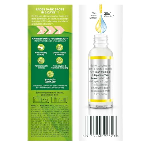 Garnier Bright Complete 30X Vitamin C Serum - Instant Glow, Reduces Dark Spots, 2% Niacinamide, 0.5% Salicylic Acid