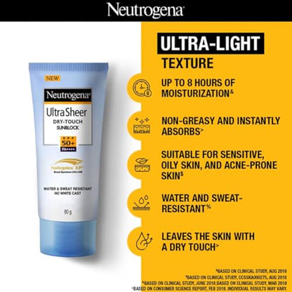 Neutrogena Ultra Sheer SPF 50+ Sunscreen: Broad Spectrum UVA/UVB, Blue Light Protection, Oil-Free, Water-Resistant