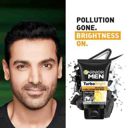 Garnier Men Turbo Bright Charcoal & Vitamin C Face Wash - Deep Clean, Anti-Pollution, All Skin Types