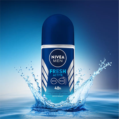 NIVEA MEN Fresh Active 48H Deo Roll-On: Ocean-Fresh Fragrance, 0% Alcohol, Dermatologically Approved