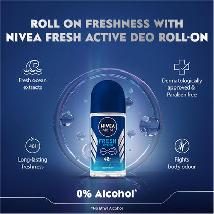 NIVEA MEN Fresh Active 48H Deo Roll-On: Ocean-Fresh Fragrance, 0% Alcohol, Dermatologically Approved