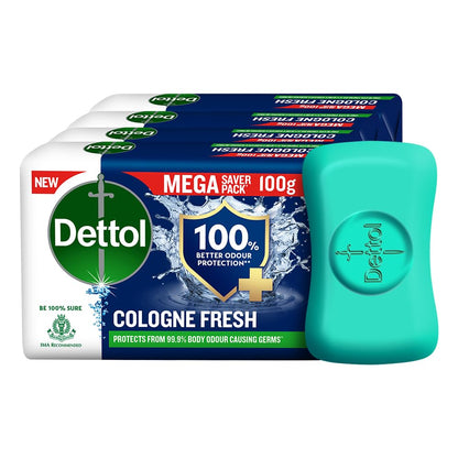 Dettol Cologne Fresh 4-Pack Bathing Soap - 100% Odor Protection, 400g