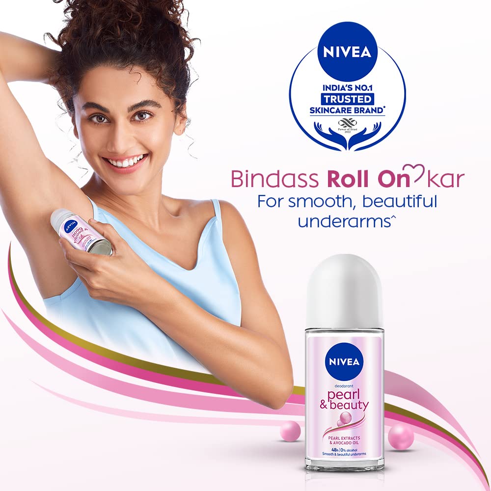 NIVEA Pearl & Beauty Deo Roll-On: 48H Antiperspirant, Pearl Extracts, Avocado Oil, 0% Alcohol