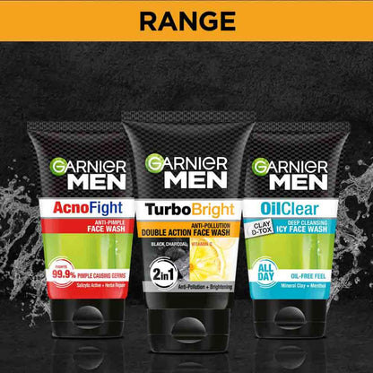 Garnier Men Turbo Bright Charcoal & Vitamin C Face Wash - Deep Clean, Anti-Pollution, All Skin Types