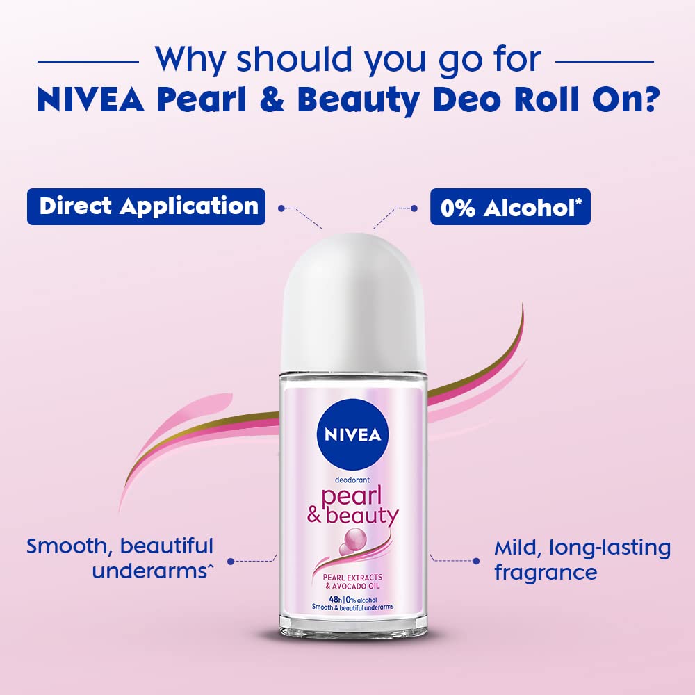 NIVEA Pearl & Beauty Deo Roll-On: 48H Antiperspirant, Pearl Extracts, Avocado Oil, 0% Alcohol