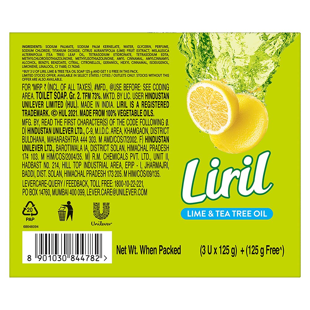 Liril Lime & Tea Tree Oil Refreshing Soap - Paraben & Sulfate-Free, 125g (3+1)