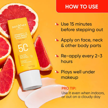 DOT & KEY Vitamin C + E Super Bright SPF 50 Sunscreen - UVA/UVB & Blue Light Protection, No White Cast, Lightweight, Even Tone