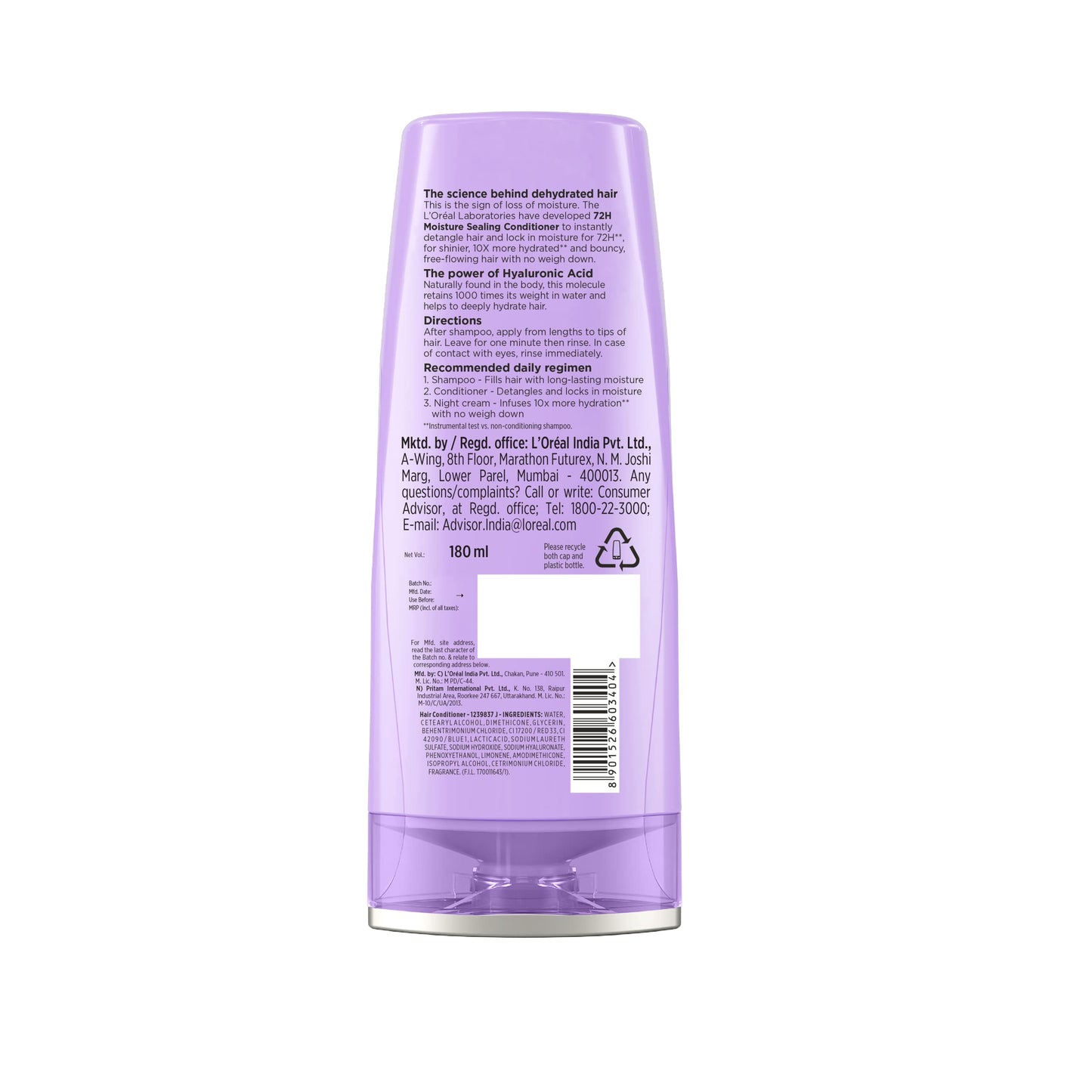 L'Oreal Paris Hyaluronic Acid Moisture Sealing Conditioner for Dry & Dehydrated Hair - Adds Shine, Bounce, & Hydration