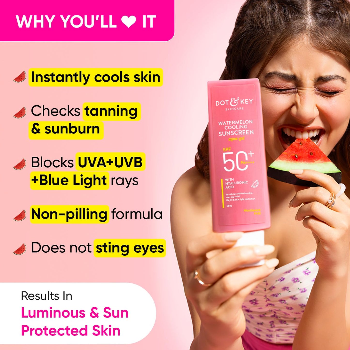 Dot & Key Watermelon Cooling Sunscreen SPF 50 - Lightweight, Oil-Free, Blue Light Protection